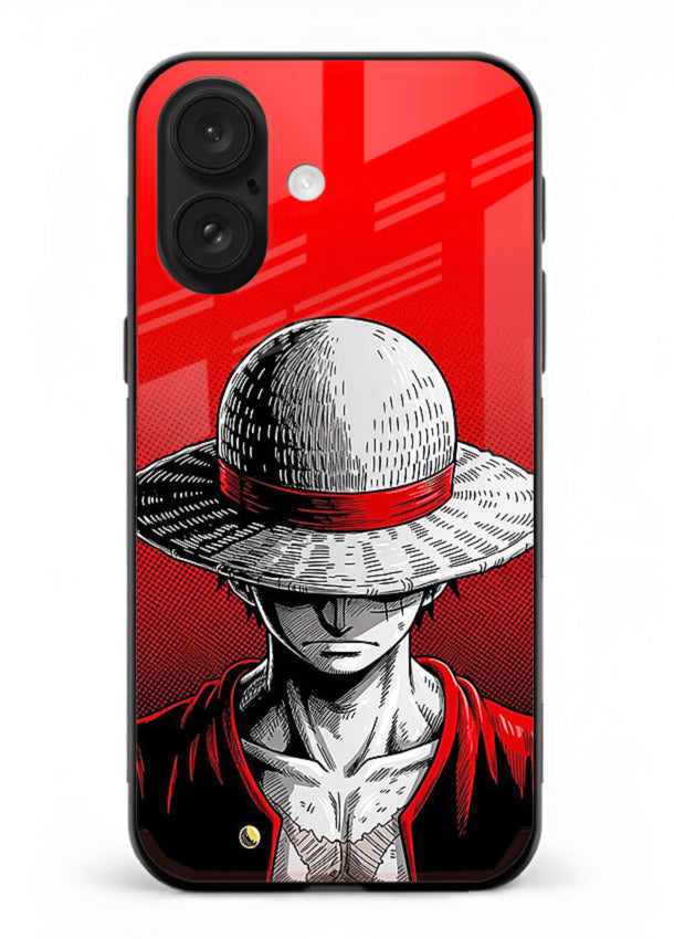 luffy red poster bold anime art iphone 16 plus glass cover dramatic pirate design case