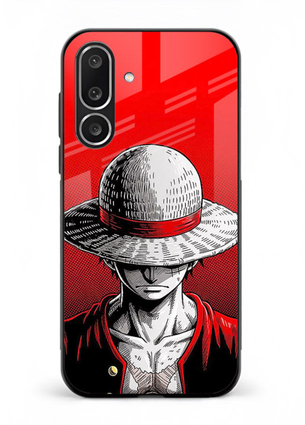 luffy red poster bold anime art Samsung F56 5G glass cover dramatic pirate design case