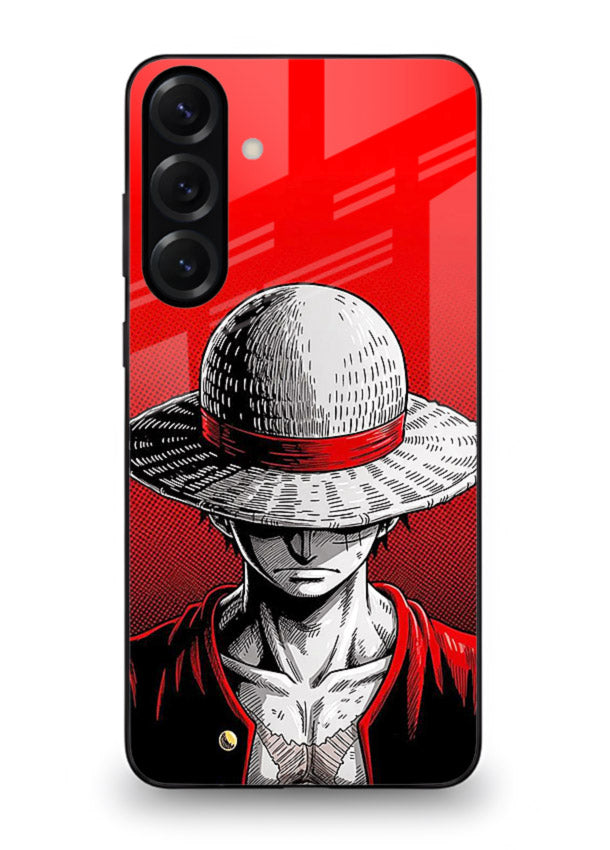 luffy red poster bold anime art Samsung M55 5G glass cover dramatic pirate design case