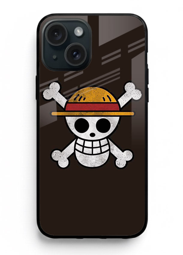 luffy skull logo minimal anime art iphone 14 plus glass cover pirate emblem case