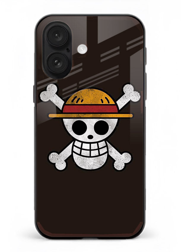 luffy skull logo minimal anime art iphone 16 glass cover pirate emblem case
