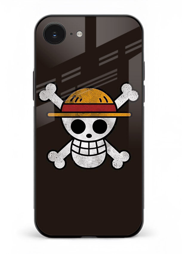 luffy skull logo minimal anime art iphone 16e glass cover pirate emblem case