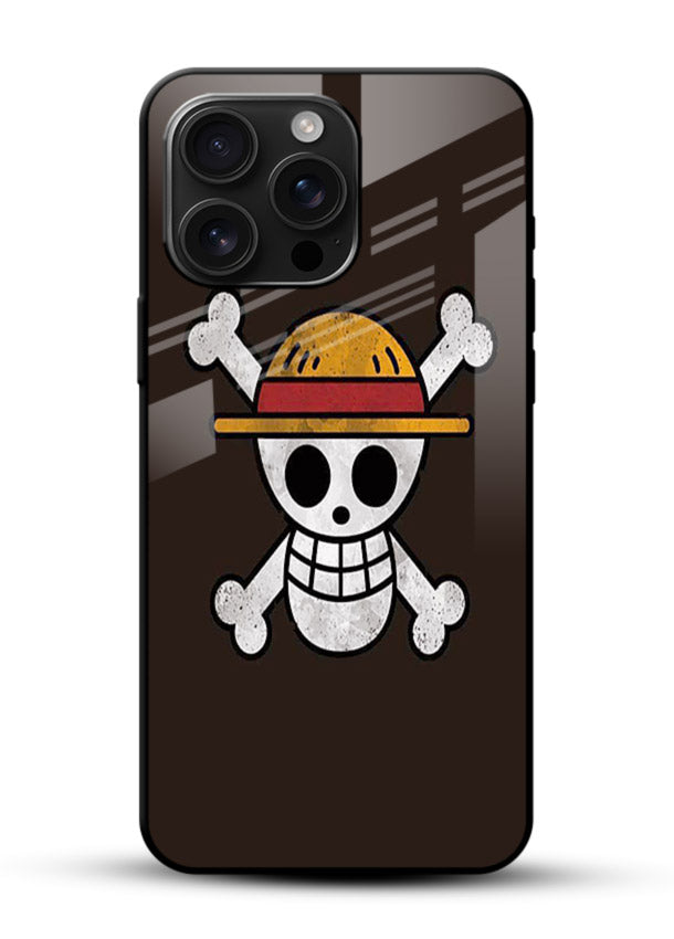 luffy skull logo minimal anime art glossy vibrant premium glass cover pirate emblem case - Angle Front