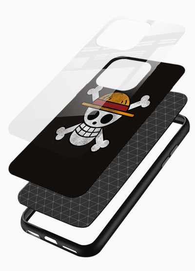 luffy skull logo minimal anime art glossy vibrant premium glass cover pirate emblem case - Angle Layers
