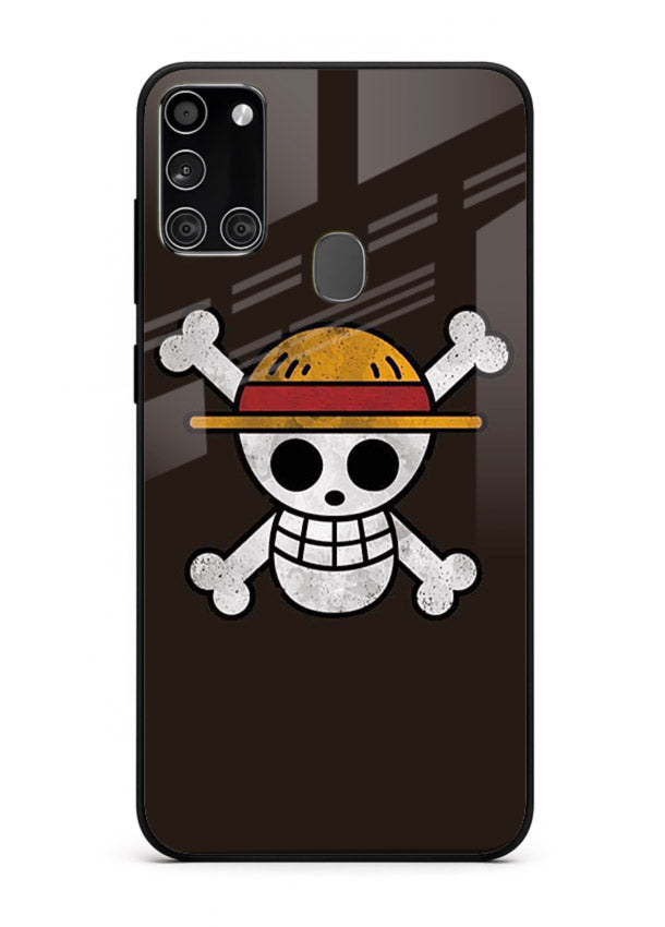 luffy skull logo minimal anime art Samsung A21s glass cover pirate emblem case