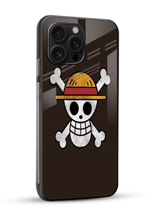 luffy skull logo minimal anime art glossy vibrant premium glass cover pirate emblem case - Angle Side