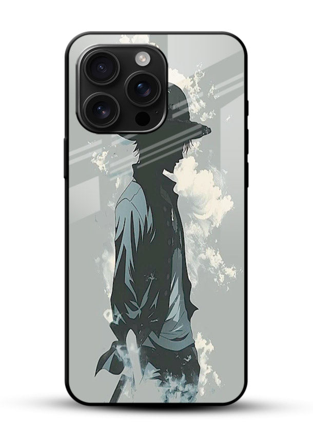 luffy smoky silhouette blue anime art glossy vibrant premium glass cover stylish mist design case - Angle Front
