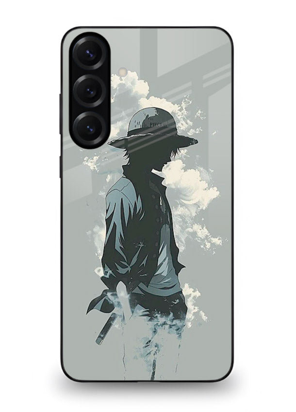 luffy smoky silhouette blue anime art Samsung S24 FE glass cover stylish mist design case