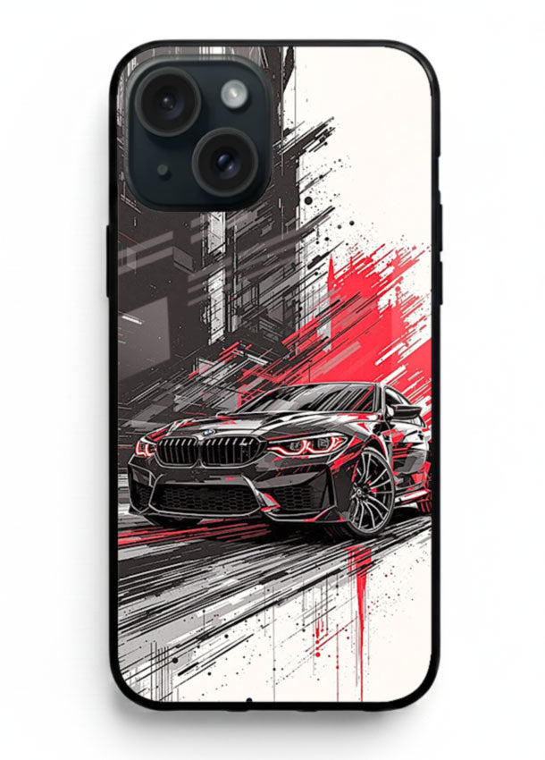 BMW M2 drifting with red brush stroke effect in high speed motion design for iPhone 15 Plus