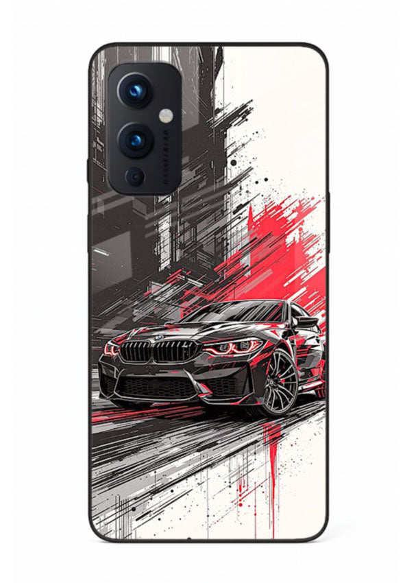 BMW M2 drifting with red brush stroke effect in high speed motion design for OnePlus 9 Pro
