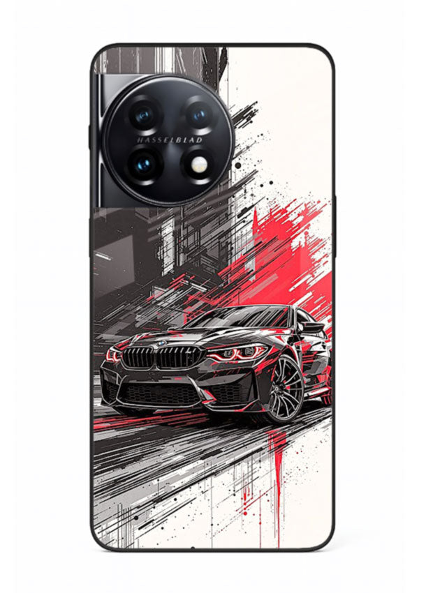 BMW M2 drifting with red brush stroke effect in high speed motion design for OnePlus 11