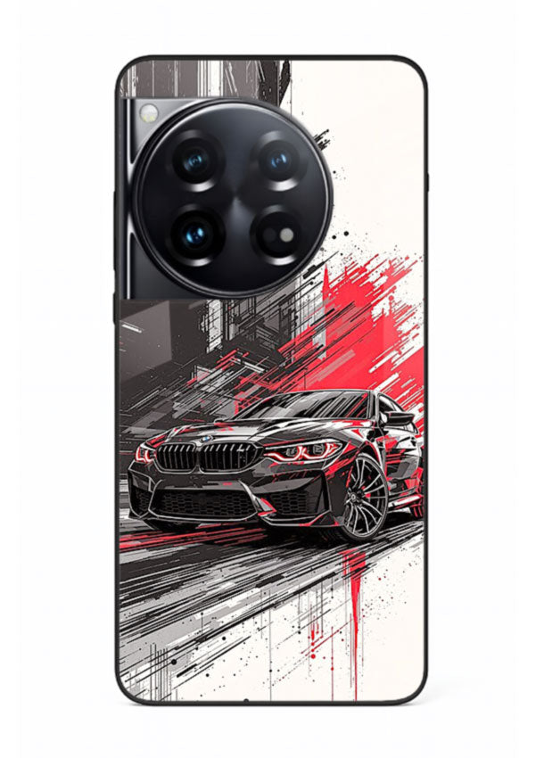 BMW M2 drifting with red brush stroke effect in high speed motion design for OnePlus 12