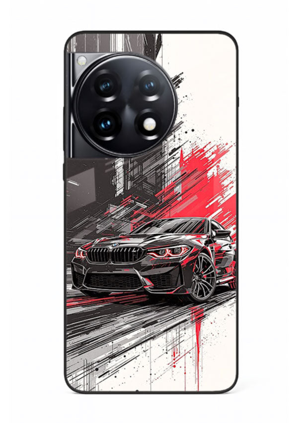 BMW M2 drifting with red brush stroke effect in high speed motion design for OnePlus 12R