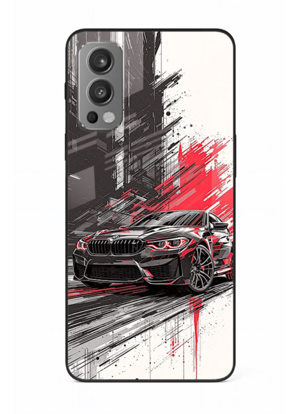 BMW M2 drifting with red brush stroke effect in high speed motion design for OnePlus Nord 2