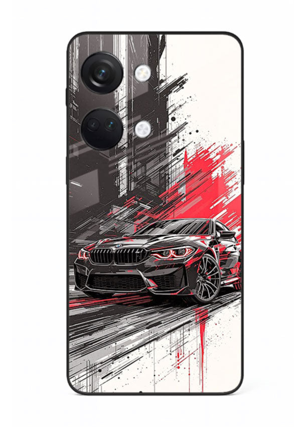 BMW M2 drifting with red brush stroke effect in high speed motion design for OnePlus Nord 3