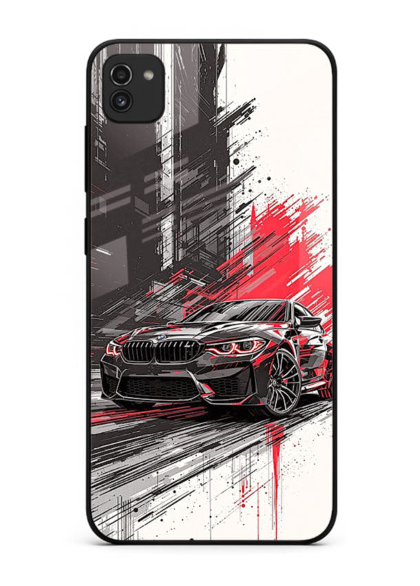 BMW M2 drifting with red brush stroke effect in high speed motion design for Samsung A03