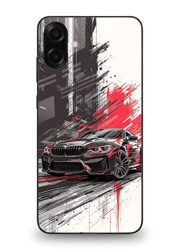 BMW M2 drifting with red brush stroke effect in high speed motion design for Samsung M13 5G