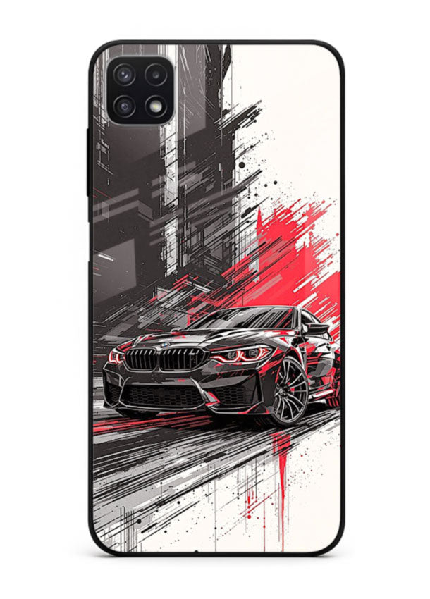 BMW M2 drifting with red brush stroke effect in high speed motion design for Samsung F42 5G