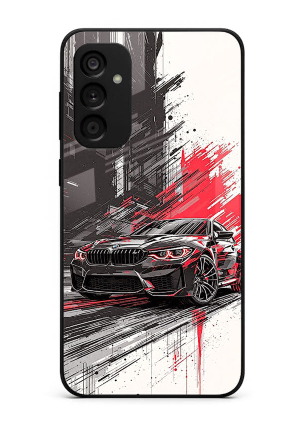BMW M2 drifting with red brush stroke effect in high speed motion design for Samsung M15 5G