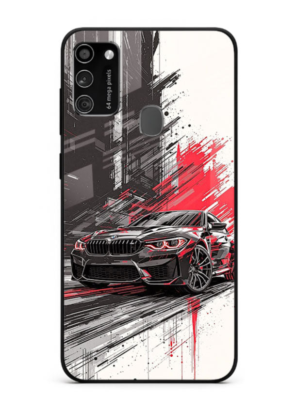 BMW M2 drifting with red brush stroke effect in high speed motion design for Samsung M30s