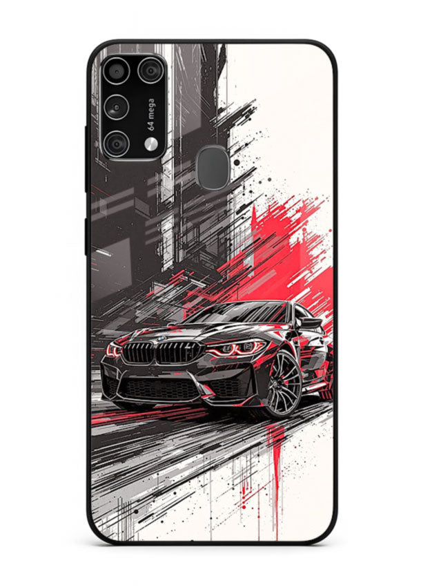 BMW M2 drifting with red brush stroke effect in high speed motion design for Samsung M31