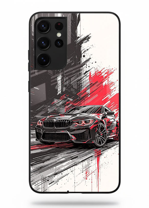 BMW M2 drifting with red brush stroke effect in high speed motion design for Samsung S21 Ultra