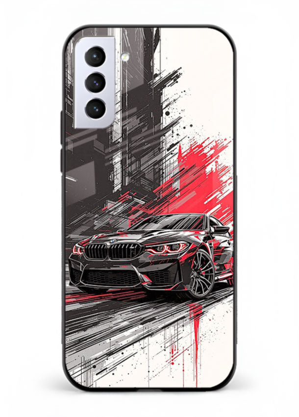 BMW M2 drifting with red brush stroke effect in high speed motion design for Samsung S22
