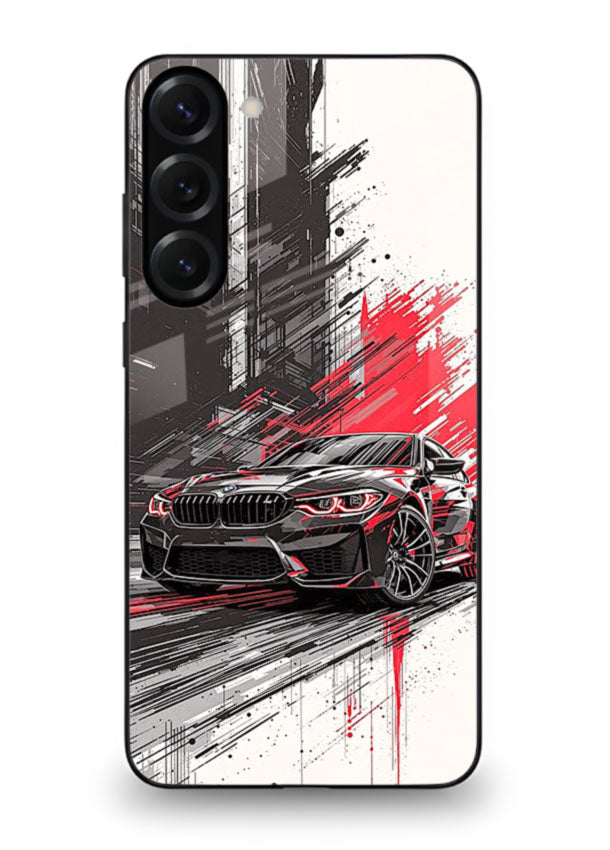 BMW M2 drifting with red brush stroke effect in high speed motion design for Samsung S23
