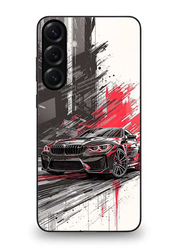BMW M2 drifting with red brush stroke effect in high speed motion design for Samsung S25