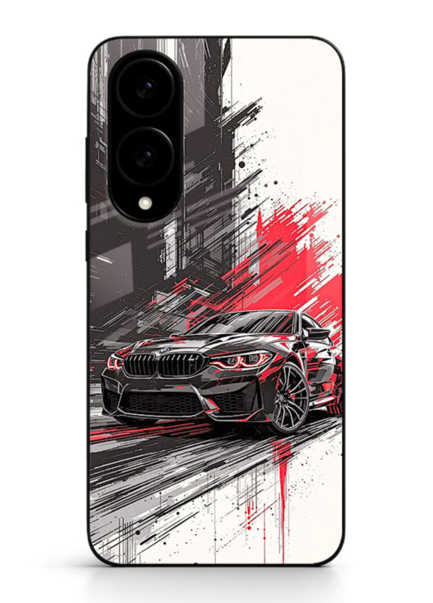 BMW M2 drifting with red brush stroke effect in high speed motion design for Samsung S25 Edge