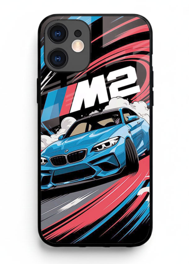 BMW M2 with racing graphic motion effect and sporty design layout for iPhone 12 Mini