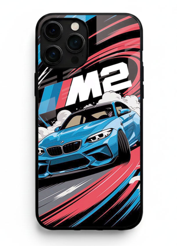 BMW M2 with racing graphic motion effect and sporty design layout for iPhone 16 Pro Max