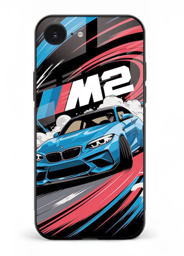 BMW M2 with racing graphic motion effect and sporty design layout for iPhone 16E