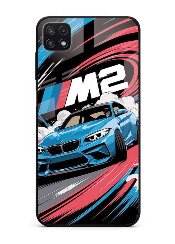 BMW M2 with racing graphic motion effect and sporty design layout for Samsung F42 5G