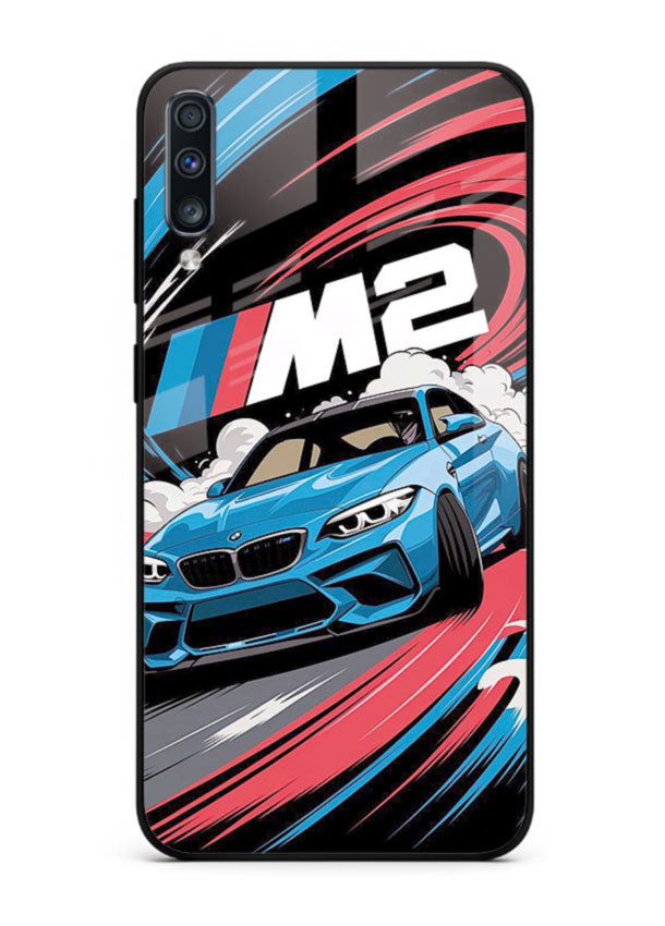 BMW M2 with racing graphic motion effect and sporty design layout for Samsung A70