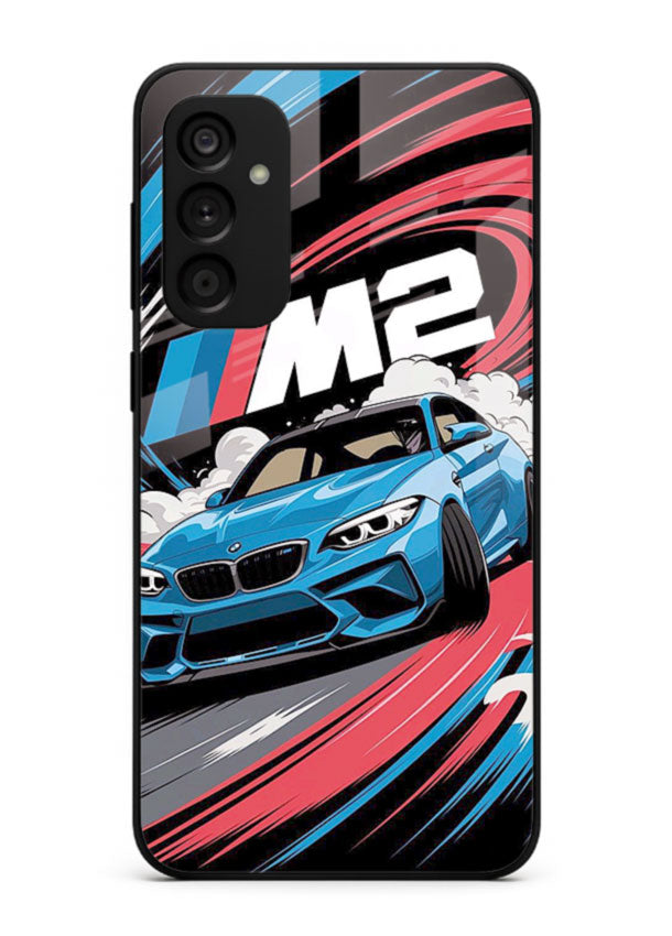 BMW M2 with racing graphic motion effect and sporty design layout for Samsung M15 5G