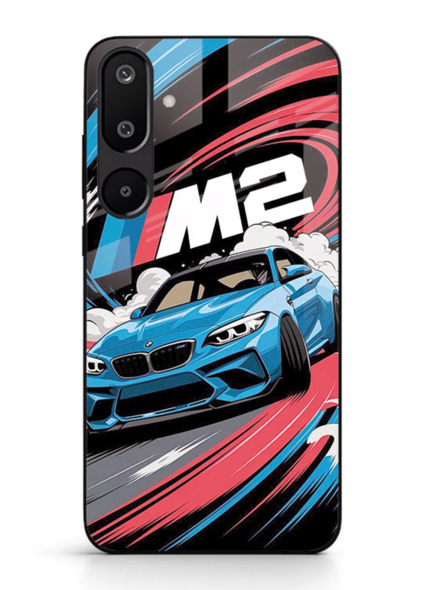 BMW M2 with racing graphic motion effect and sporty design layout for Samsung M16 5G