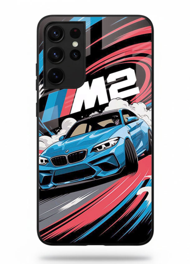 BMW M2 with racing graphic motion effect and sporty design layout for Samsung S21 Ultra