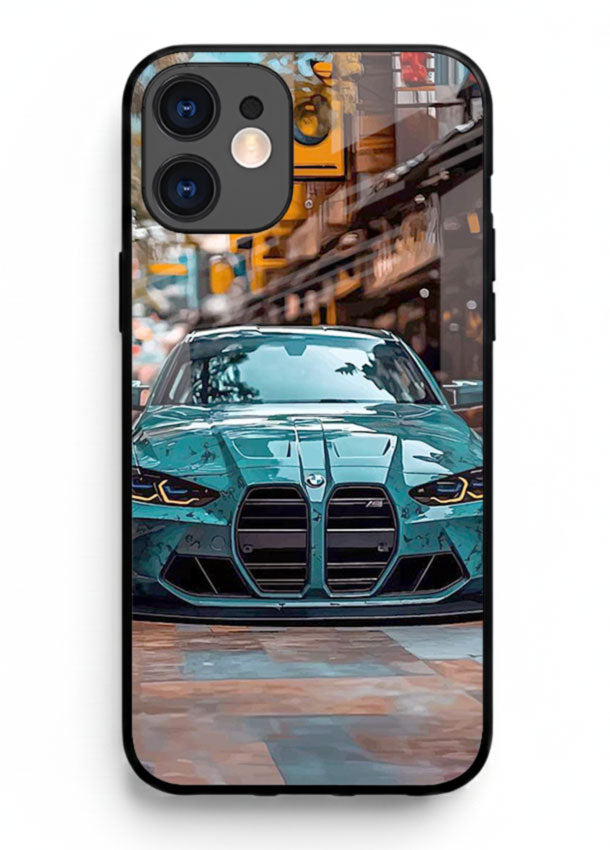 Teal BMW M4 in urban street setting with bold modern styling for iPhone 12 Mini
