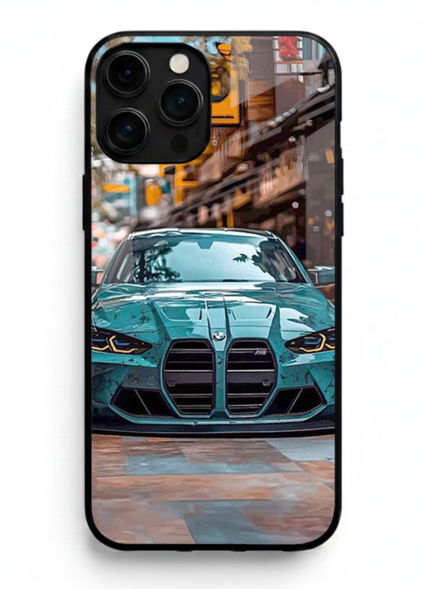 Teal BMW M4 in urban street setting with bold modern styling for iPhone 16 Pro Max