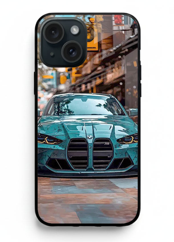 Teal BMW M4 in urban street setting with bold modern styling for iPhone 15 Plus