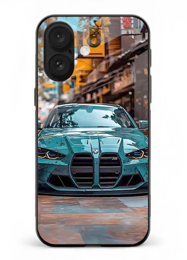 Teal BMW M4 in urban street setting with bold modern styling for iPhone 18