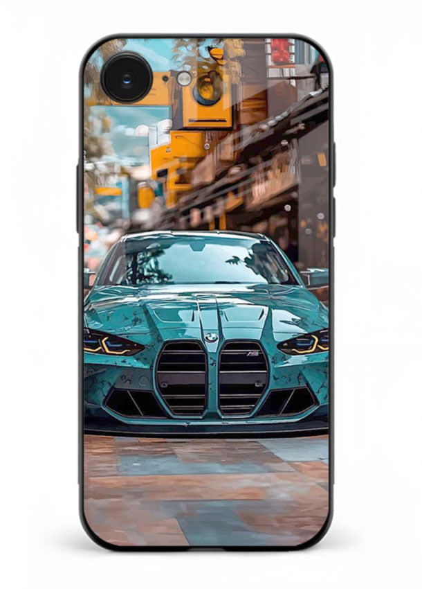 Teal BMW M4 in urban street setting with bold modern styling for iPhone 16E