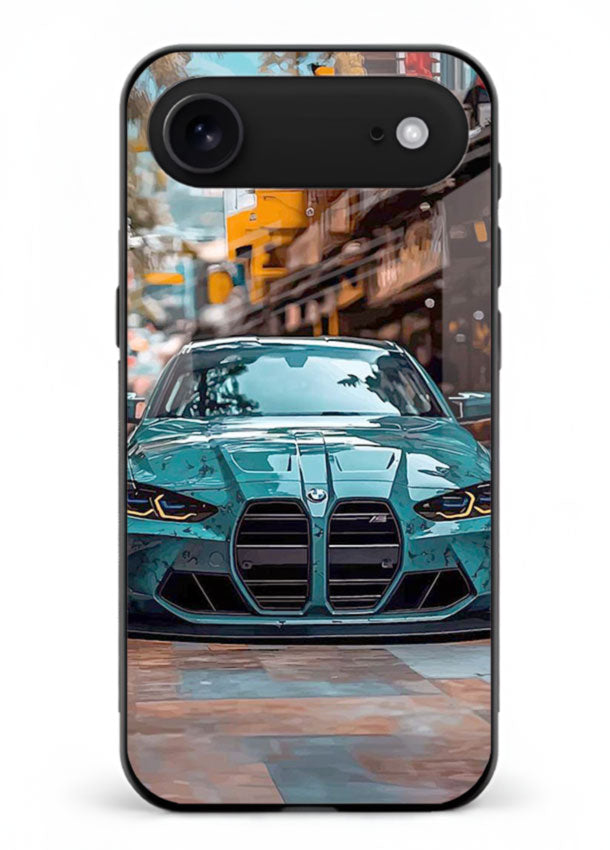 Teal BMW M4 in urban street setting with bold modern styling for iPhone 18 Air