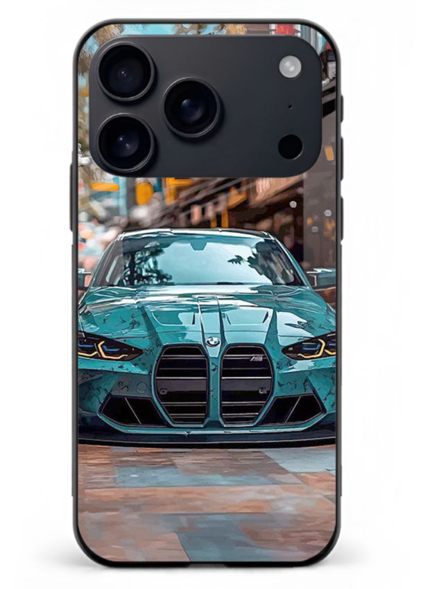 Teal BMW M4 in urban street setting with bold modern styling for iPhone 18 Pro Max