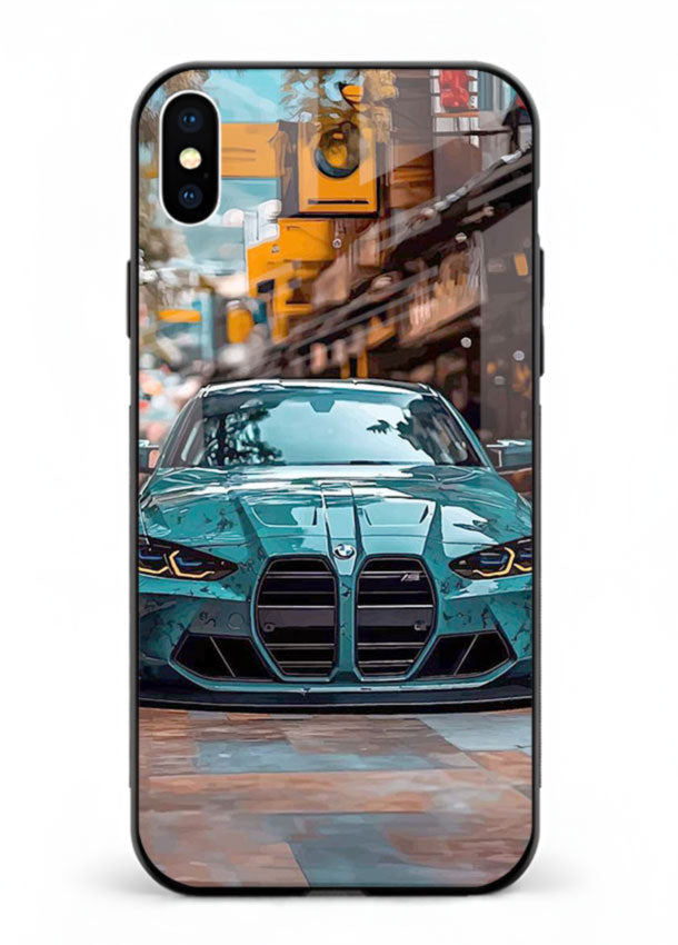 Teal BMW M4 in urban street setting with bold modern styling for iPhone XS Max