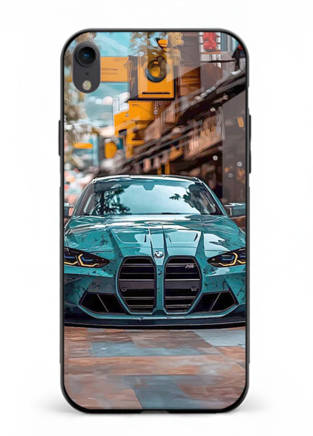 Teal BMW M4 in urban street setting with bold modern styling for iPhone XR