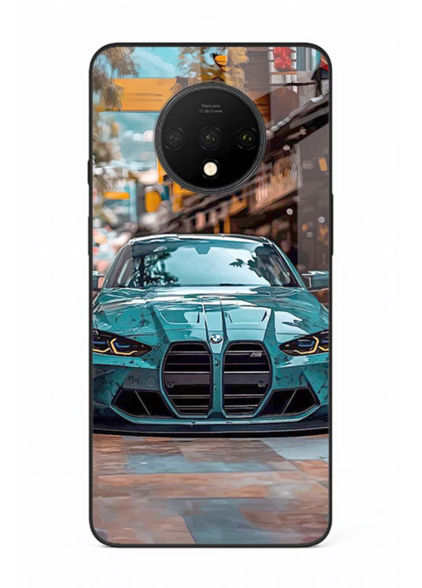 Teal BMW M4 in urban street setting with bold modern styling for OnePlus 7T