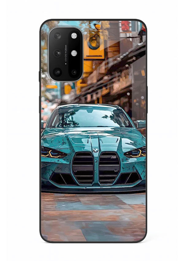Teal BMW M4 in urban street setting with bold modern styling for OnePlus 8T