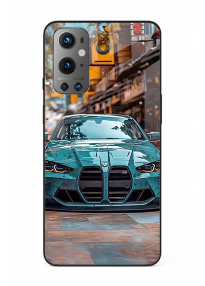 Teal BMW M4 in urban street setting with bold modern styling for OnePlus 9